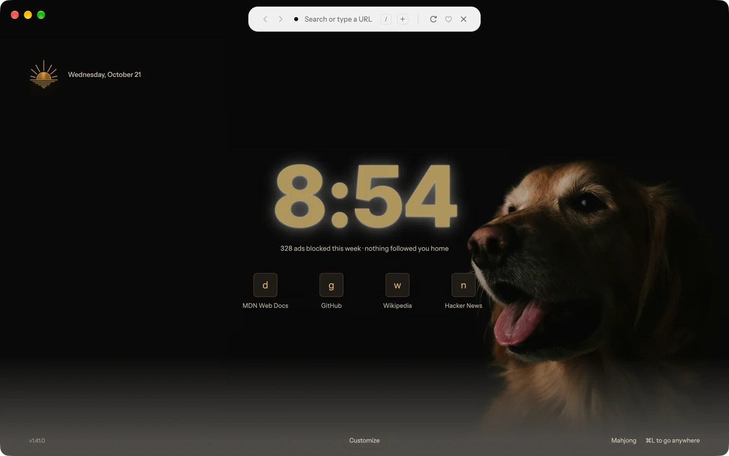 A bold sand-colored clock beside a golden dog with its tongue out, on a black background. (Photo: Brandon Day, Unsplash)