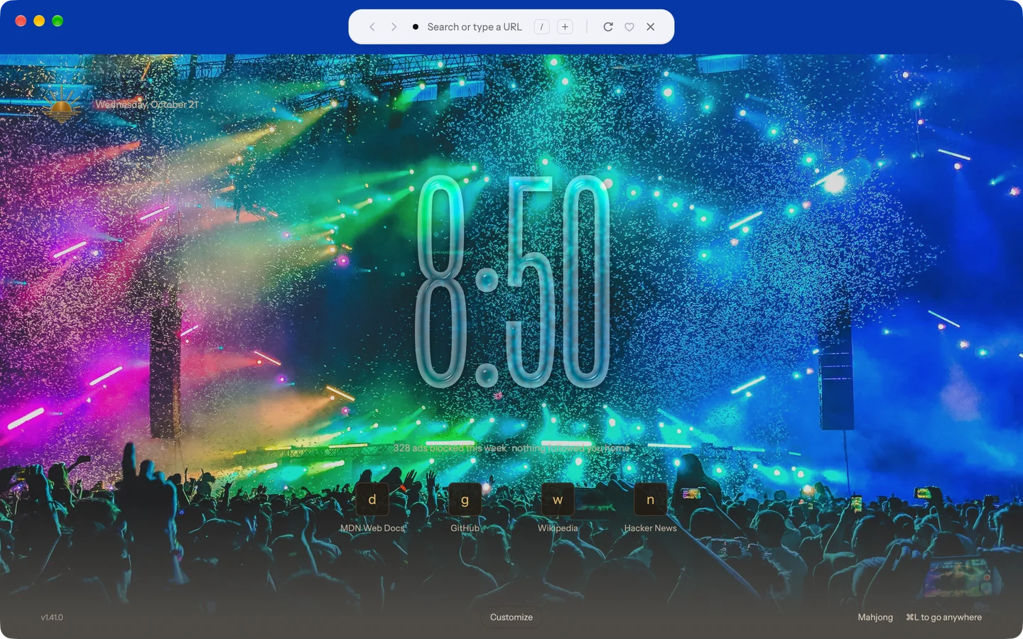A tall glass clock over a festival light show in green, blue and pink, with the crowd’s silhouettes below. (Photo: Aditya Chinchure, Unsplash)