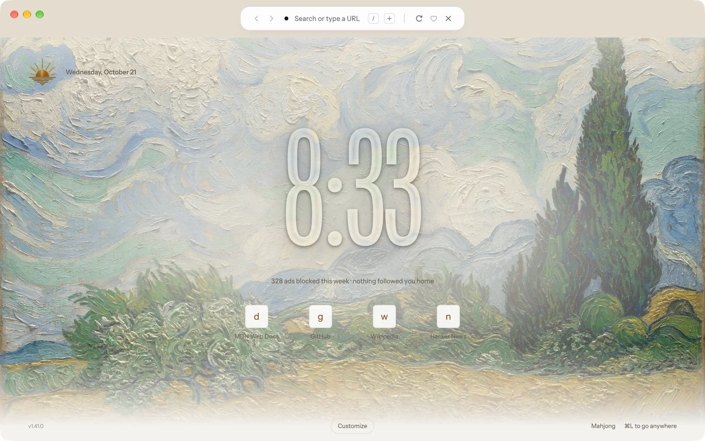 A tall glass clock over Van Gogh’s Wheat Field with Cypresses, the painted sky showing through the numerals. (Vincent van Gogh, Wheat Field with Cypresses · The Met, public domain)