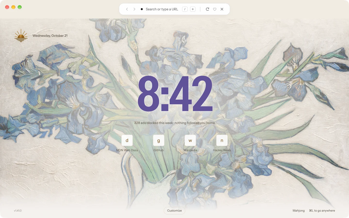 A purple clock over Van Gogh’s Irises, with the Spotlight wash behind the clock and favorites. (Vincent van Gogh, Irises · The Met, public domain)