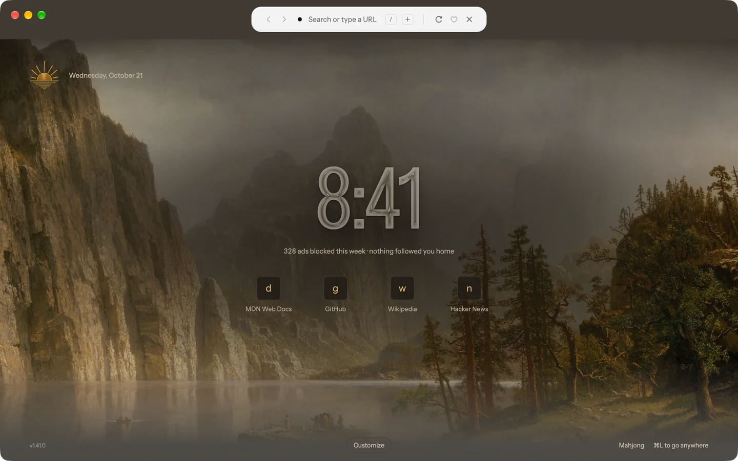 A glass condensed clock over Bierstadt’s Merced River, Yosemite Valley, in the dark theme. (Albert Bierstadt, Merced River, Yosemite Valley · The Met, public domain)