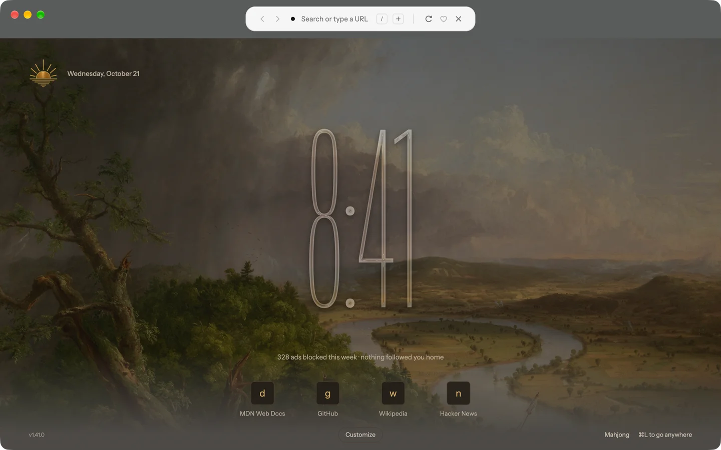 A very tall glass clock over Thomas Cole’s Oxbow, a storm passing over a river valley, in the dark theme. (Thomas Cole, The Oxbow · The Met, public domain)