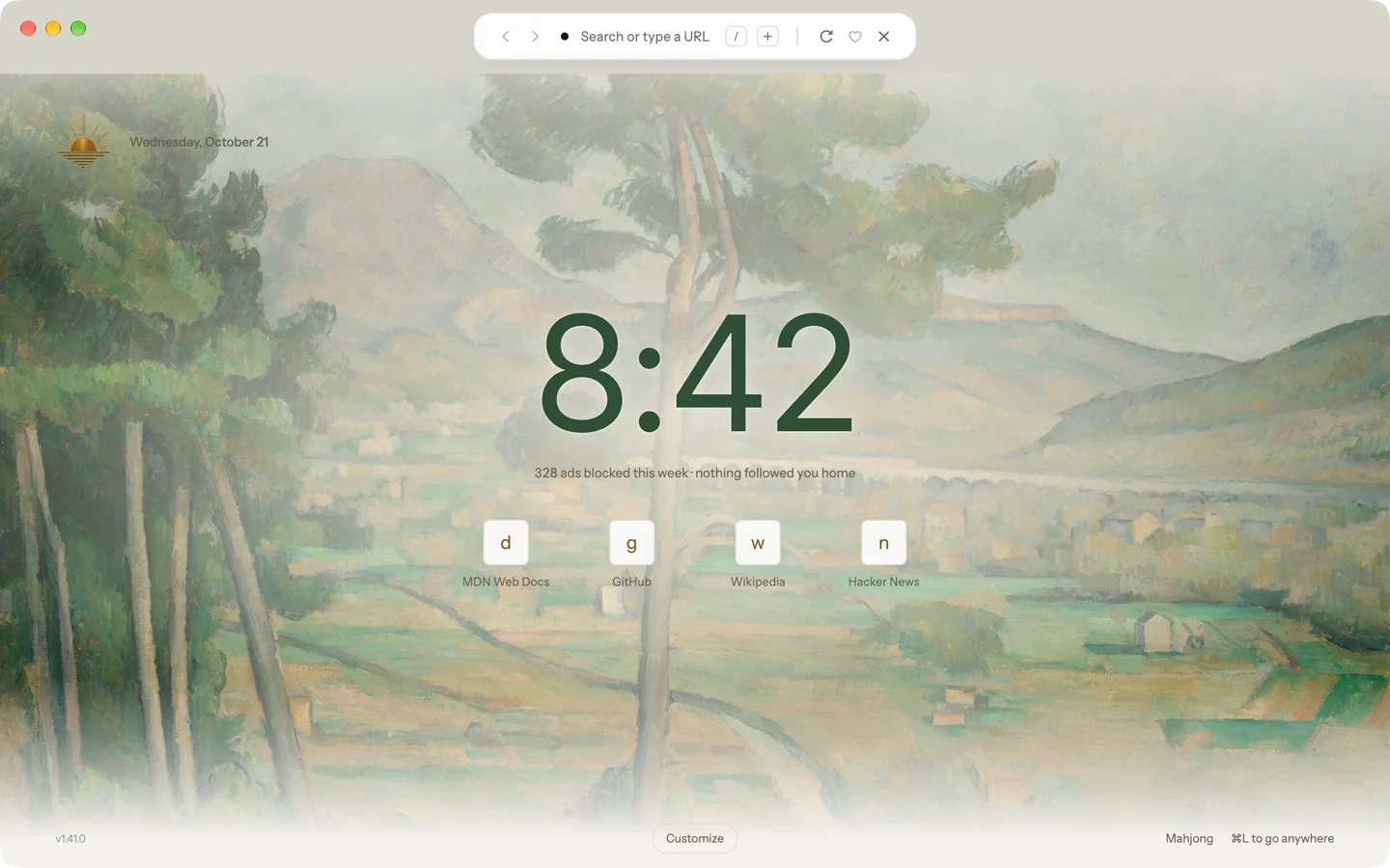 A sage green clock over Cézanne’s Mont Sainte-Victoire and the Viaduct of the Arc River Valley. (Paul Cézanne, Mont Sainte-Victoire · The Met, public domain)