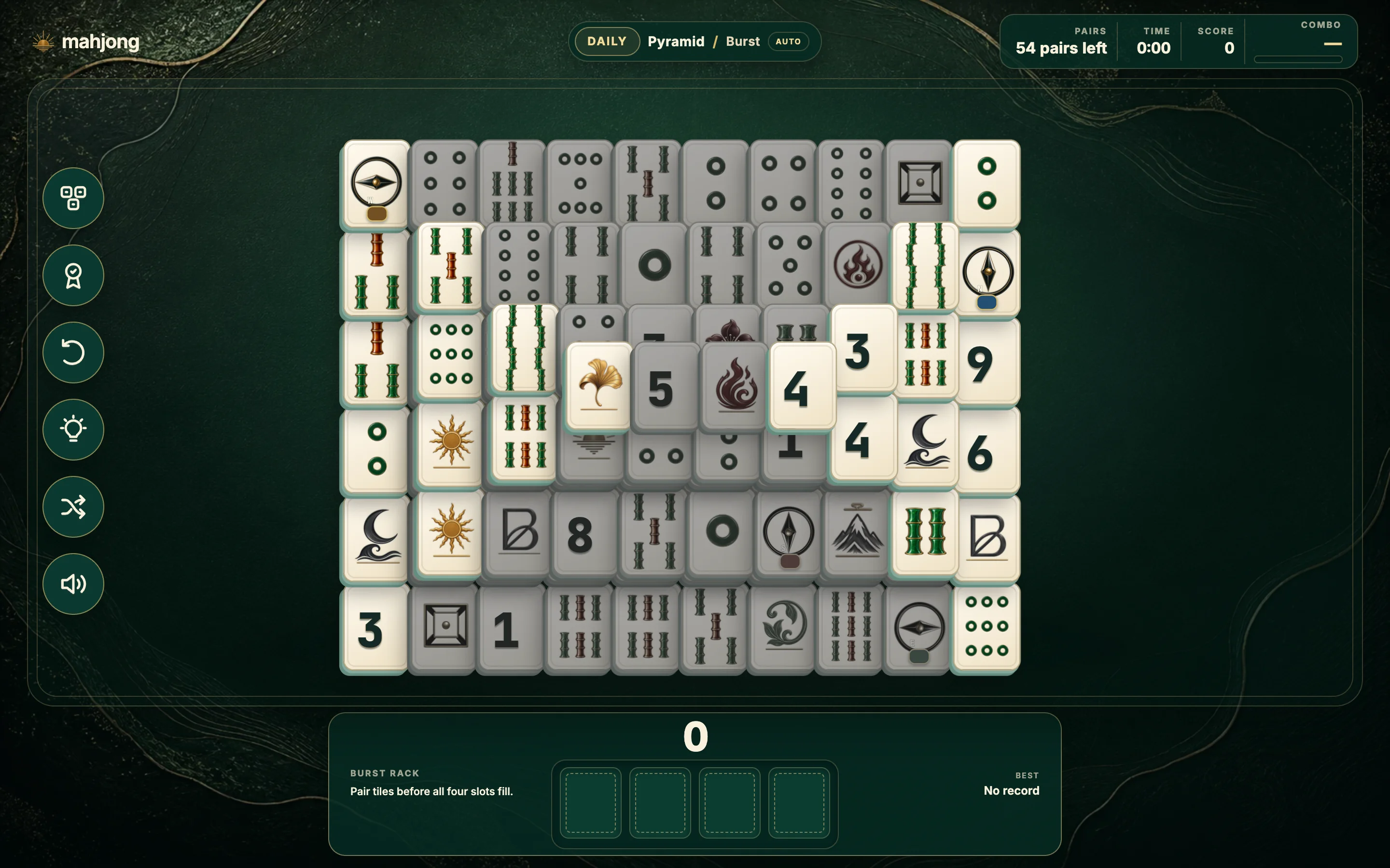 Standalone Mahjong in public Blanc v1.41.0, showing the Daily deal on the Pyramid board in Burst mode.