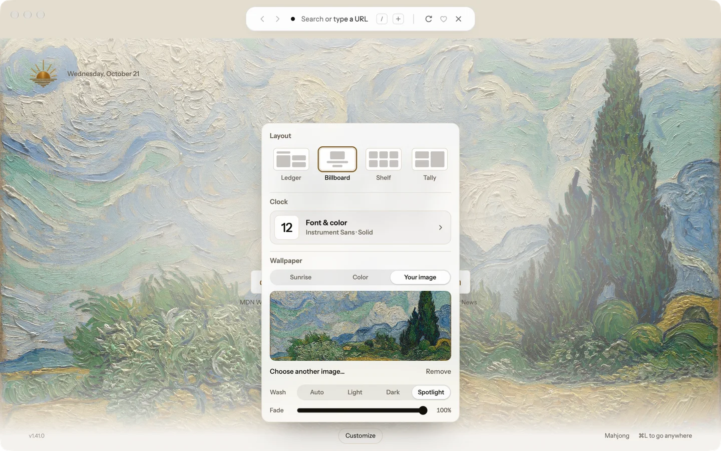 The Customize popover on the Start Page with Your image selected under Wallpaper, a preview of the painting, and the Wash and Fade controls.