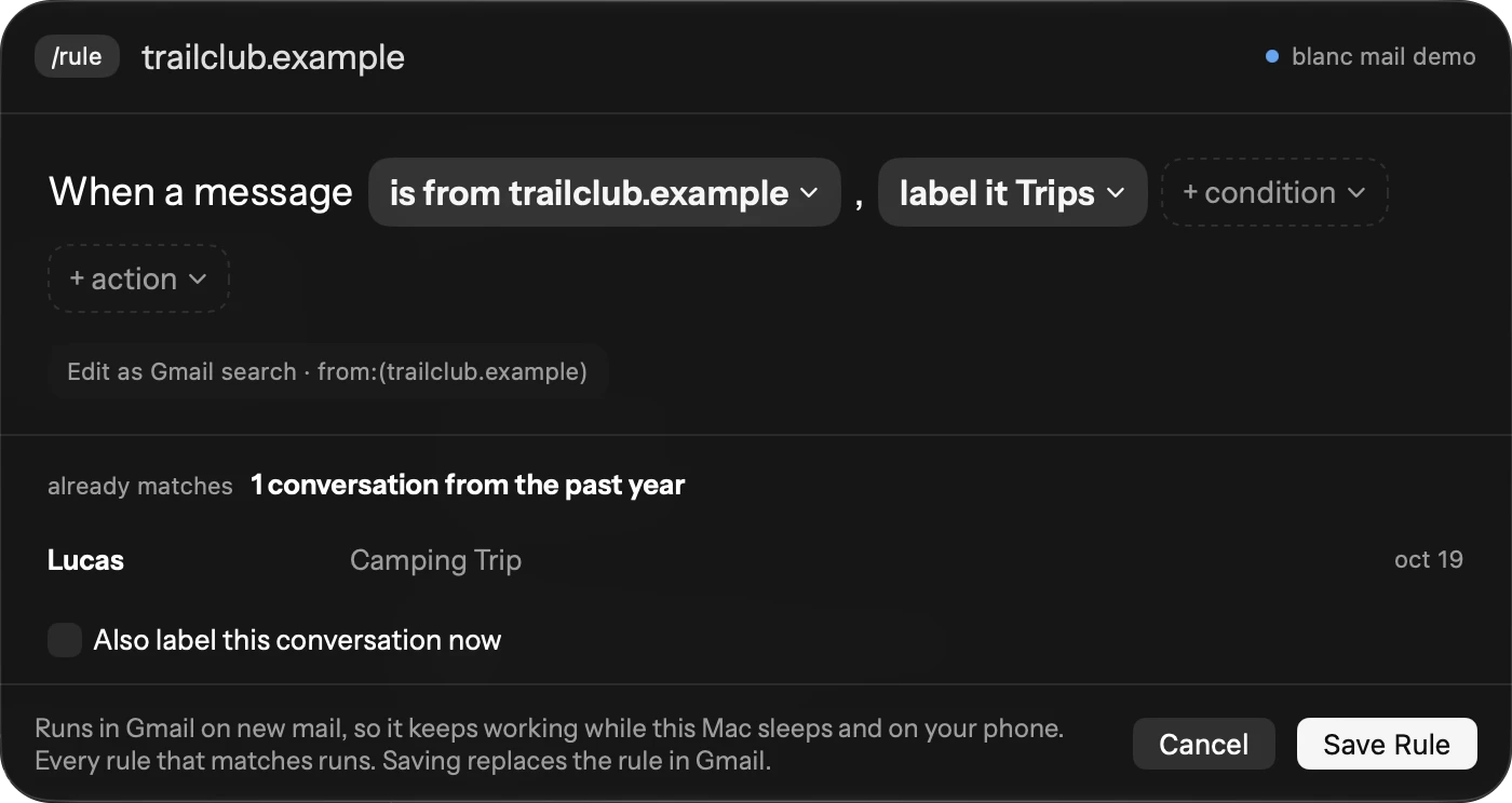 Editing a rule in the preview build, in the dark appearance: “When a message is from trailclub.example, label it Trips”, with its Gmail search, the one conversation it already matches, and Save Rule.
