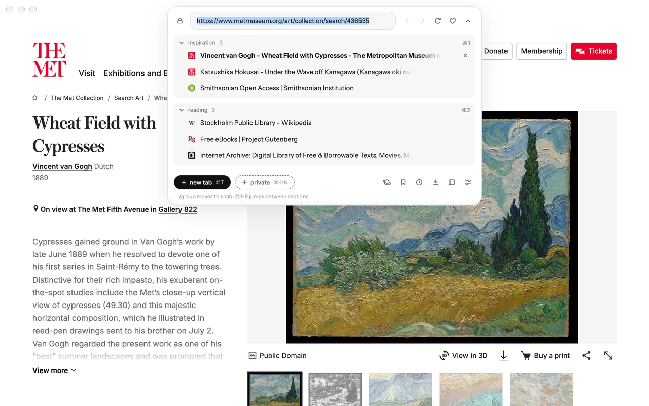 The expanded Blanc island listing tabs under the named groups inspiration and reading, open over the page.