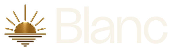 The Blanc logo: the gold Sunrise mark beside the word Blanc in warm white, on near-black.