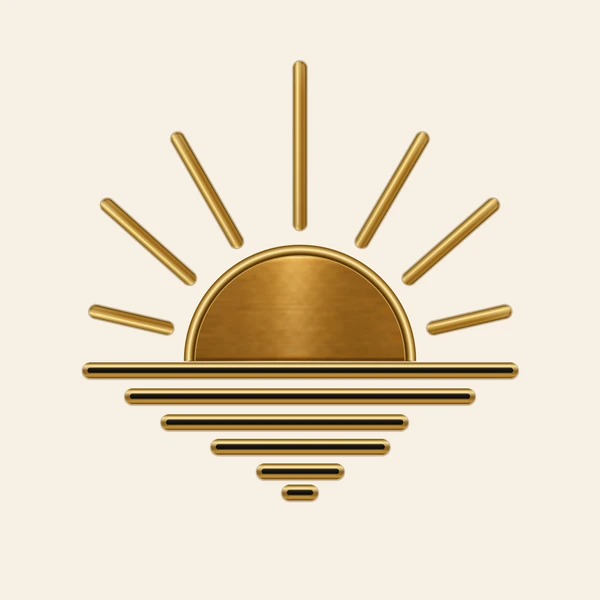 The Sunrise mark in full color: a gold half-sun with rays over stepped water lines, on ivory.