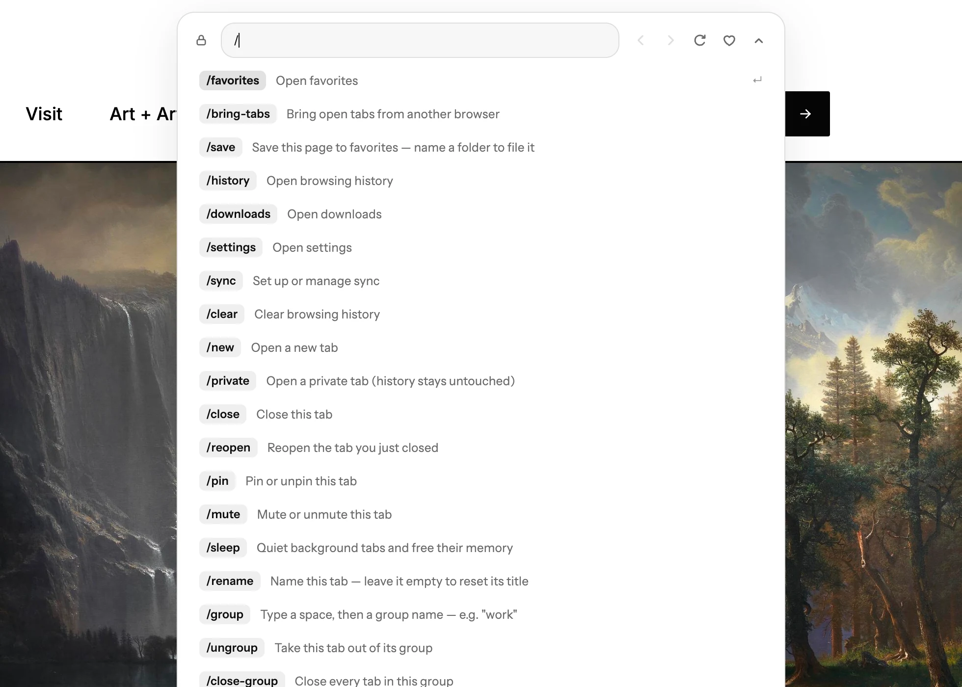 In Blanc’s Island, typing / reveals the slash-command list, starting with Favorites, Bring Your Tabs, Save, History, Downloads and Settings