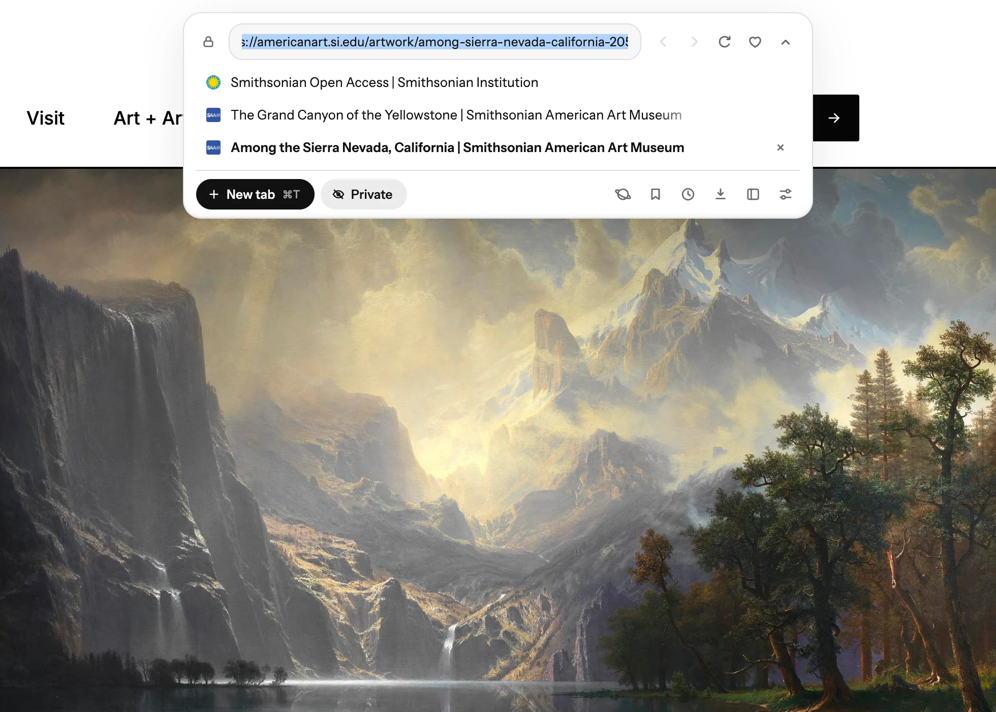 Blanc’s open Island lists three Smithsonian tabs: Smithsonian Open Access, The Grand Canyon of the Yellowstone and Among the Sierra Nevada, California